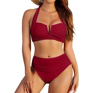 imageBlooming Jelly Womens High Waisted Bikini Sets Tummy Control Bathing Suit Two Piece Retro Halter Swim Suits 2025Wine Red