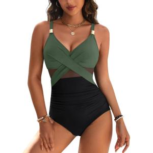 imageBlooming Jelly Womens One Piece Swimsuit Metal Modest Tummy Control Bathing Suit Slimming Full Coverage Mesh Swim SuitsBlack Army Green