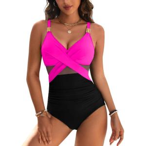 imageBlooming Jelly Womens One Piece Swimsuit Metal Modest Tummy Control Bathing Suit Slimming Full Coverage Mesh Swim SuitsBlack Pink