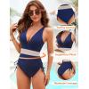 imageBlooming Jelly Women Tummy Control Swimsuits One Piece Slimming Modest Bathing Suit Color Block Drawstring Swim SuitsNavy Blue
