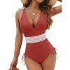 imageBlooming Jelly Women Tummy Control Swimsuits One Piece Slimming Modest Bathing Suit Color Block Drawstring Swim SuitsBrick Red