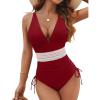 imageBlooming Jelly Women Tummy Control Swimsuits One Piece Slimming Modest Bathing Suit Color Block Drawstring Swim SuitsWine Red