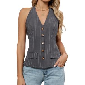 imageBlooming Jelly Womens Vest Tops V Neck Button Down Sleeveless Trendy Summer Tank Tops Dressy Ladies Business Casual OutfitsDark Grey