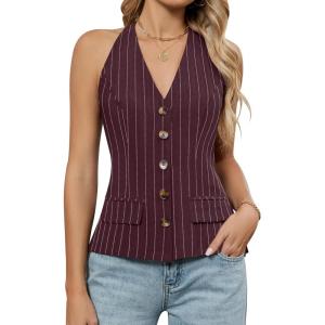 imageBlooming Jelly Womens Vest Tops V Neck Button Down Sleeveless Trendy Summer Tank Tops Dressy Ladies Business Casual OutfitsDark Red