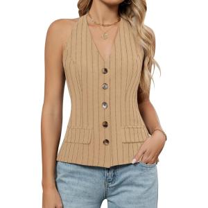 imageBlooming Jelly Womens Vest Tops V Neck Button Down Sleeveless Trendy Summer Tank Tops Dressy Ladies Business Casual OutfitsFlaxen