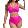 imageBlooming Jelly Womens High Waisted Bikini Sets Push Up Swimsuits Chest Drawstring Two Piece Bathing SuitsHot Pink
