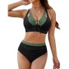 imageBlooming Jelly Womens High Waisted Bikini Sets Tummy Control Swimsuits Two Piece Color Block Keyhole Bathing SuitBlack and Army Green