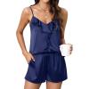 imageBlooming Jelly Womens Pajamas Set Silk Satin Pjs Set 2 Piece Sleepwear Ruffle V Neck Camisole Tops and Shorts with PocketsDark Blue