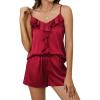 imageBlooming Jelly Womens Pajamas Set Silk Satin Pjs Set 2 Piece Sleepwear Ruffle V Neck Camisole Tops and Shorts with PocketsWine Red