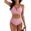 imageBlooming Jelly Womens Twist High Waisted Bikini Sets Plaid Retro Modest Swimsuits Adjustable 2 Piece Bathing SuitsRed Plaid