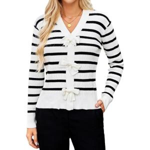 imageBlooming Jelly Womens Fall Sweaters Striped Cropped Sweater Lightweight Knit Sweater Bow V Neck Pullover SweatersWhite Black Stripe
