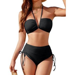 imageBlooming Jelly Womens High Waisted Bikini Sets Sexy Bandeau Tummy Control Swimsuits Halter Two Piece Ruched Bathing SuitBlack