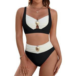 imageBlooming Jelly Womens High Waisted Bikini Sets Tummy Control Swimsuits Color Block Two Piece Bathing Suit Retro SwimwearColor Blockblack