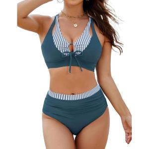 imageBlooming Jelly Womens High Waisted Bikini Sets Tummy Control Swimsuits Two Piece Color Block Keyhole Bathing SuitBlue and Striped