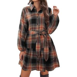 imageBlooming Jelly Womens Plaid Dresses Flannel Babydoll Dress Casual Tunic Dress Long Sleeve Fall Dresses with PocketsOrange Plaid