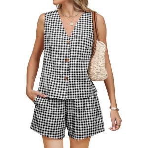 imageBlooming Jelly Womens Summer Two Piece Sets Vacation Outfits Matching Short Sets Linen Gingham Vest and ShortsBlack Plaid