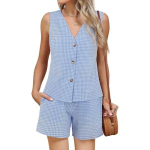 imageBlooming Jelly Womens Summer Two Piece Sets Vacation Outfits Matching Short Sets Linen Gingham Vest and ShortsBlue Plaid