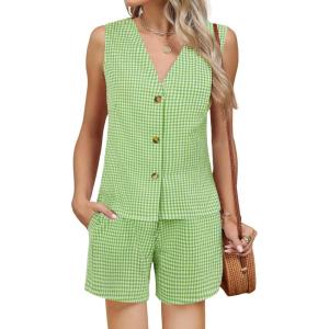 imageBlooming Jelly Womens Summer Two Piece Sets Vacation Outfits Matching Short Sets Linen Gingham Vest and ShortsGreen Plaid