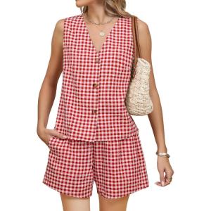 imageBlooming Jelly Womens Summer Two Piece Sets Vacation Outfits Matching Short Sets Linen Gingham Vest and ShortsRed Plaid