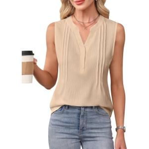 imageBlooming Jelly Womens Tank Tops Dressy Work Sleeveless Shirt Pleated V Neck Summer Blouse Business Casual OutfitsApricot