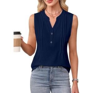 imageBlooming Jelly Womens Tank Tops Dressy Work Sleeveless Shirt Pleated V Neck Summer Blouse Business Casual OutfitsNavy Blue
