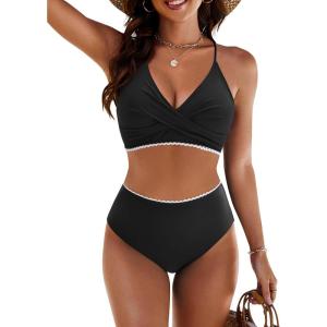 imageBlooming Jelly Womens Twist High Waisted Bikini Sets Plaid Retro Modest Swimsuits Adjustable 2 Piece Bathing SuitsBlack