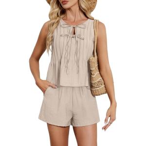 imageBlooming Jelly Womens Two Piece Sets Pleated Vacation Outfits Resort Wear Beach Linen Set Cruise Summer Matching Set 2025Beige
