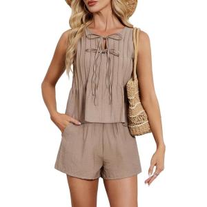 imageBlooming Jelly Womens Two Piece Sets Pleated Vacation Outfits Resort Wear Beach Linen Set Cruise Summer Matching Set 2025Khaki