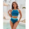 imageBlooming Jelly Womens Halter High Waisted Bikini Sets Color Block Sporty Swimsuit Two Piece High Cut Bathing Suit 2025Blue Green