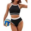 imageBlooming Jelly Womens Halter High Waisted Bikini Sets Color Block Sporty Swimsuit Two Piece High Cut Bathing Suit 2025Black