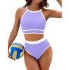 imageBlooming Jelly Womens Halter High Waisted Bikini Sets Color Block Sporty Swimsuit Two Piece High Cut Bathing Suit 2025Lavender