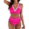 imageBlooming Jelly Womens High Waisted Bikini Sets Colorblock Tummy Control Swimsuits V Neck Halter Bathing SuitHot Pink