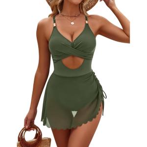 imageBlooming Jelly Women One Piece Swim Dress Cross Tummy Control Swimsuits Cutout Mesh Sheer Sarong Wraps Bathing SuitArmy Green
