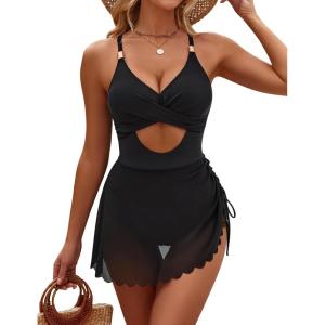 imageBlooming Jelly Women One Piece Swim Dress Cross Tummy Control Swimsuits Cutout Mesh Sheer Sarong Wraps Bathing SuitBlack