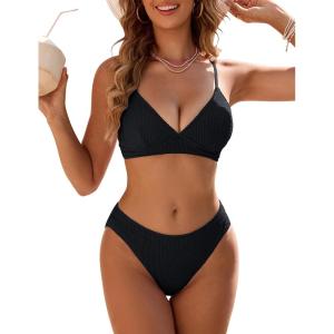 imageBlooming Jelly Women Sexy V Neck Triangle Bikini Sets Cheeky High Cut Two Piece Swimsuit Spaghetti Straps Bathing SuitBlack