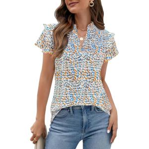 imageBlooming Jelly Womens Dressy Casual Tops Ruffle Short Sleeve V Neck Shirts Elegant Business Work BlouseBlue Floral Printed