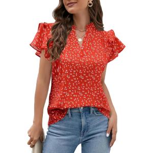 imageBlooming Jelly Womens Dressy Casual Tops Ruffle Short Sleeve V Neck Shirts Elegant Business Work BlouseFloral Orange Red