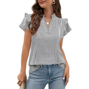 imageBlooming Jelly Womens Dressy Casual Tops Ruffle Short Sleeve V Neck Shirts Elegant Business Work BlouseWhtie Striped