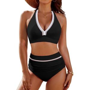 imageBlooming Jelly Womens High Waisted Bikini Sets Colorblock Tummy Control Swimsuits V Neck Halter Bathing SuitBlack
