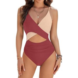 imageBlooming Jelly Womens One Piece Swimsuit Sexy Tummy Control Bathing Suit Cute Color Block Cheeky Ladies Monokini SwimwearRust