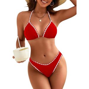 imageBlooming Jelly Womens String Bikini Sets Sexy Two Piece Swimsuits Cheeky Color Block Bathing Suits Triangle SwimwearRed
