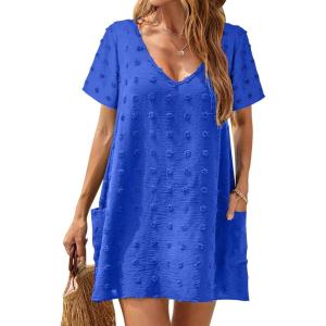 imageBlooming Jelly Womens Swimsuit Coverup Short Sleeve Bathing Suit Cover ups Swiss Polka Dot Summer Dresses 2025Blue
