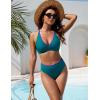 imageBlooming Jelly Womens High Waisted Bikini Sets Color Block V Neck Cheeky Swimsuits Tie Back Two Piece Bathing SuitDark Cyan