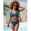imageBlooming Jelly Womens High Waisted Bikini Sets Color Block V Neck Cheeky Swimsuits Tie Back Two Piece Bathing SuitDark Cyan