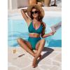imageBlooming Jelly Womens High Waisted Bikini Sets Color Block V Neck Cheeky Swimsuits Tie Back Two Piece Bathing SuitDark Cyan