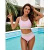 imageBlooming Jelly Womens High Waisted Bikini Sets Two Piece Swimsuit Scoop Neck Textured High Cut Bathing SuitsPink