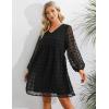 imageBlooming Jelly Womens White Dresses Flowy Babydoll Dress Chiffon Long Sleeve V Neck Cute Mini Tunic DressBlack