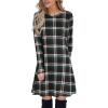 imageBlooming Jelly Womens Plaid Swing Dress Long Sleeve Round Neck Tunic Mini DressDark Green