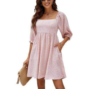 imageBlooming Jelly Womens Floral Babydoll Dress Square Neck 34 Puff Sleeve Dress Boho Mini Summer Ladies Dresses with PocketsLight Pink