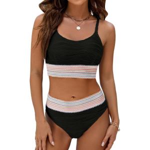 imageBlooming Jelly Womens High Waisted Bikini Sets Two Piece Swimsuit Scoop Neck Textured High Cut Bathing SuitsBlack02